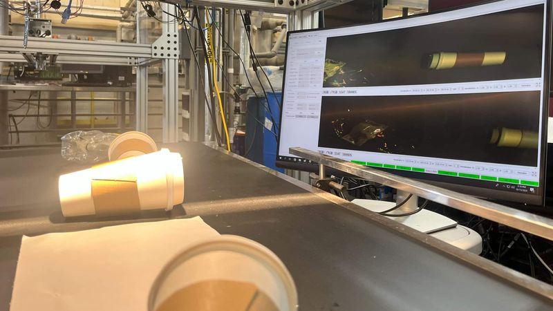 A coffee cup being photographed with a hyperspectral camera. Hyperspectral imaging can help scientists locate subtle variations in materials within large amounts of solid waste.