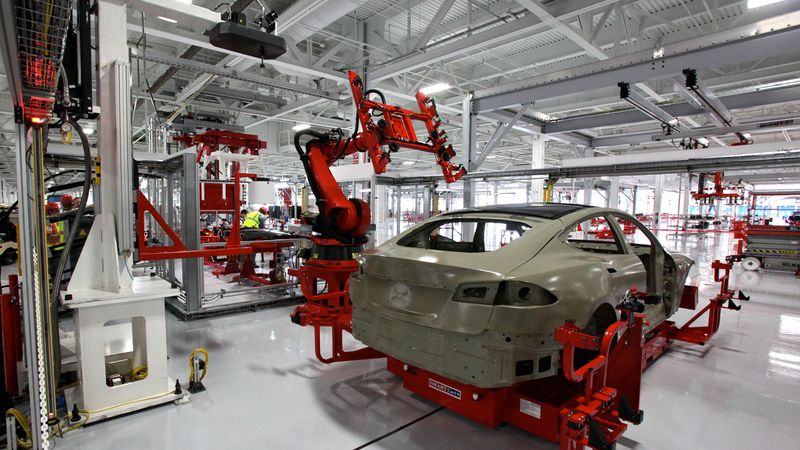 A Tesla Model S on the assembly line