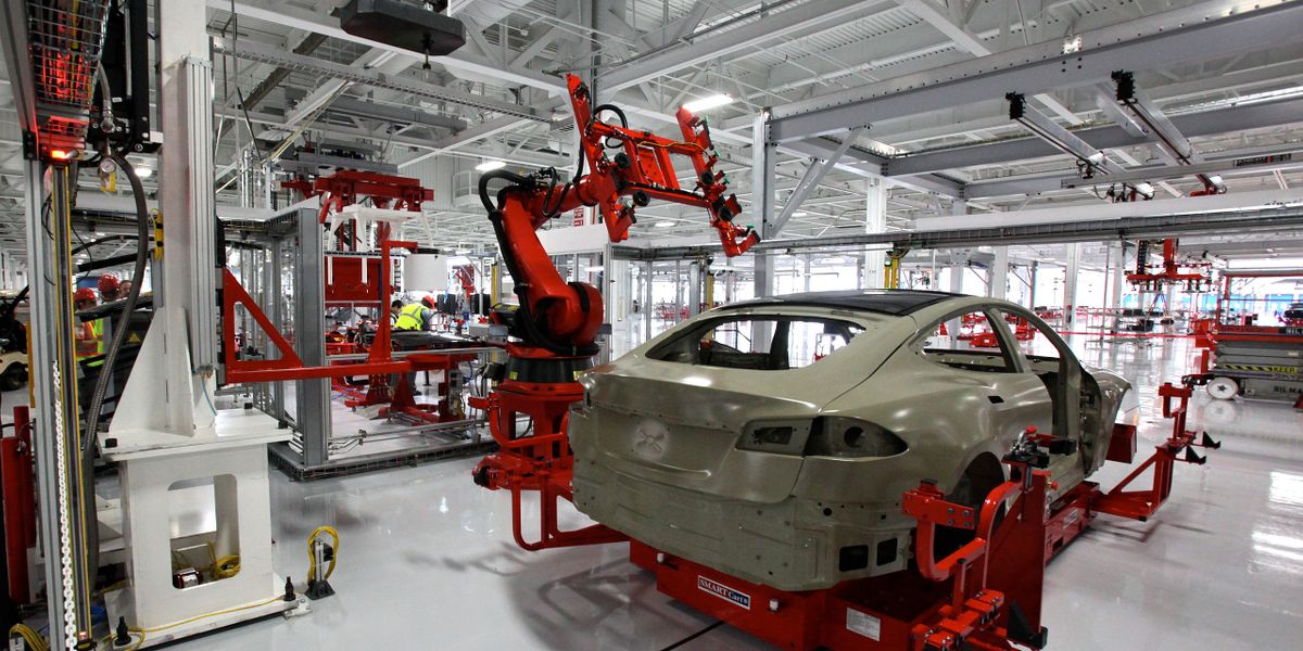 A Tesla Model S on the assembly line