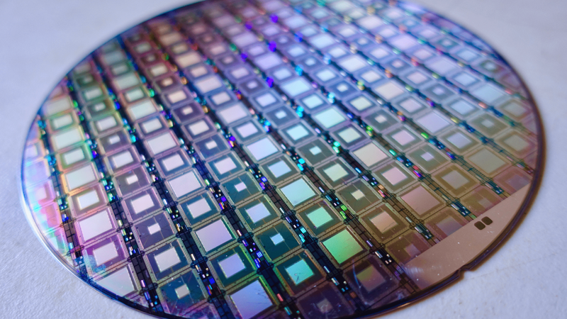 A close-up view of a quantum computer chip