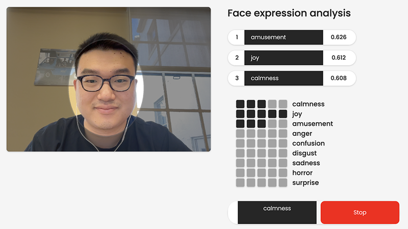 Face expression analysis that users can view in real time while answering interview questions indicate the emotion they are conveying.