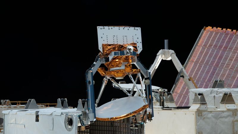 COWVR, at center, and TEMPEST, not shown, were installed aboard the International Space Station in late 2021 and since then have provided valuable weather data to forecasters tracking tropical cyclones. The two instruments are part of the U.S. Space Force STP-H8 demonstration mission. Credit: NASA