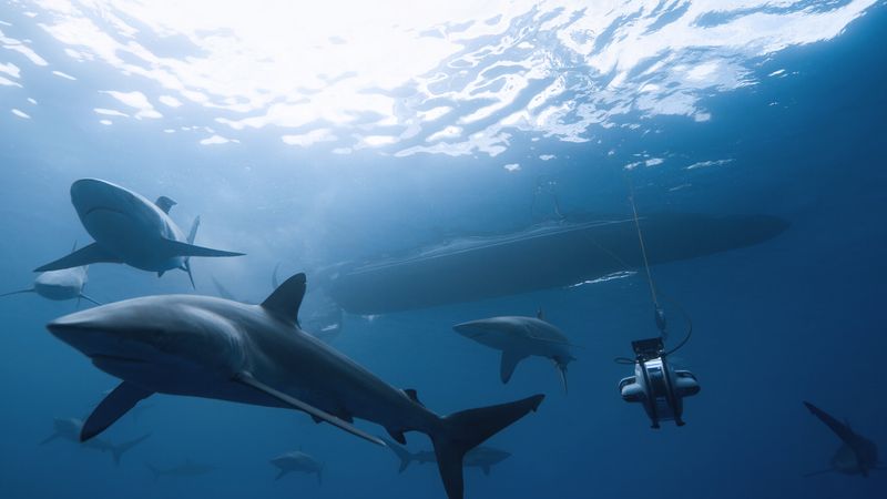 Sharks swimming with a Deep Trekker ROV