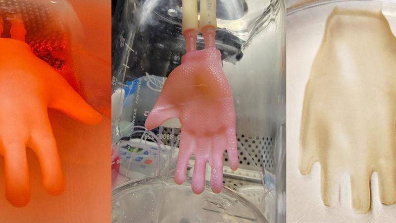 Creating a "glove" of engineered skin begins with a 3D-printed scaffold and ends three weeks later with a construct ready for grafting. Images: Alberto Pappalardo and Hasan Erbil Abaci / Columbia University Vagelos College of Physicians and Surgeons.