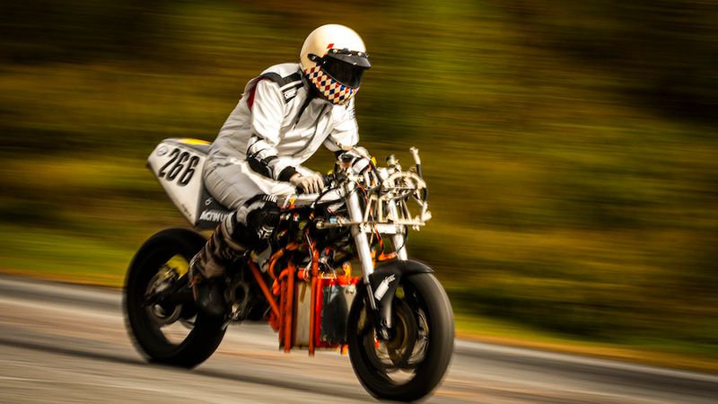 Aditya Mehrotra performs a “shakedown” test — running the hydrogen-powered electric motorcycle at high speeds to ensure that the mechanical and electrical systems hold up. Photo: Adam Glanzman