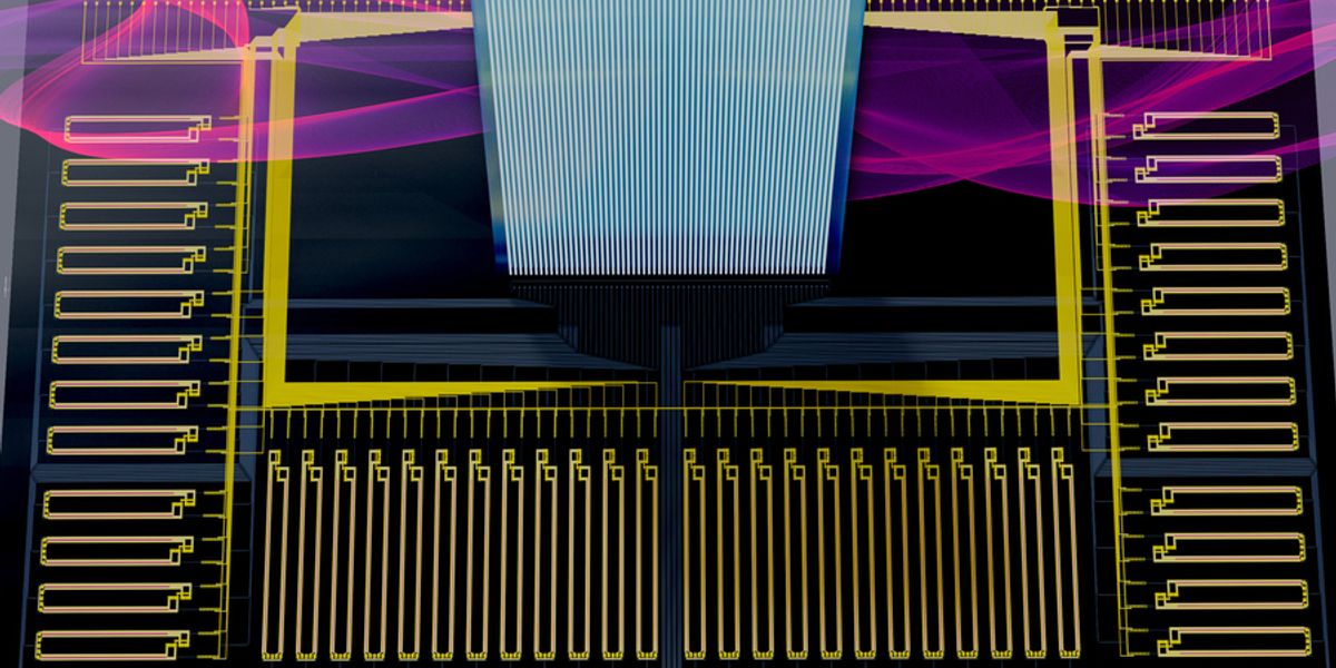 This rendering shows a novel piece of hardware, called a smart transceiver, that uses technology known as silicon photonics to dramatically accelerate one of the most memory-intensive steps of running a machine-learning model. This can enable an edge device, like a smart home speaker, to perform computations with more than a hundred-fold improvement in energy efficiency. Image: Alex Sludds. Edited by MIT News.