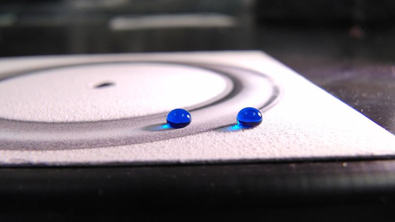 Two droplets of water repelled by an ultra-durable water-repellent coating. The droplet on the left is sitting on a surface that has been abraded by a machine. Photo: Kevin Golovin