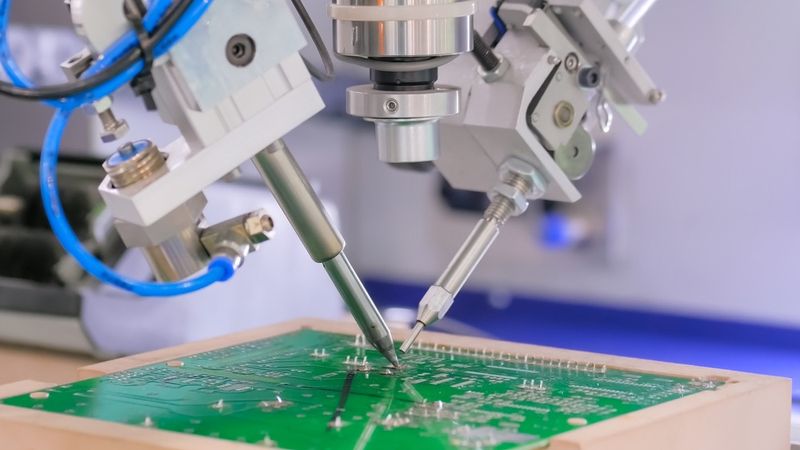 Process of selective soldering components to printed circuit boards at factory, exhibition - close up view. Automated technology, industrial, robotic, electronic, production, manufacturing concept