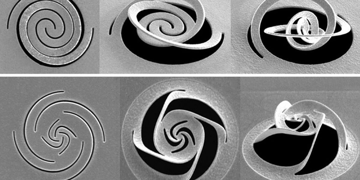 At left, different patterns of slices through a thin metal foil, are made by a focused ion beam. These patterns cause the metal to fold up into predetermined shapes, which can be used for such purposes as modifying a beam of light.