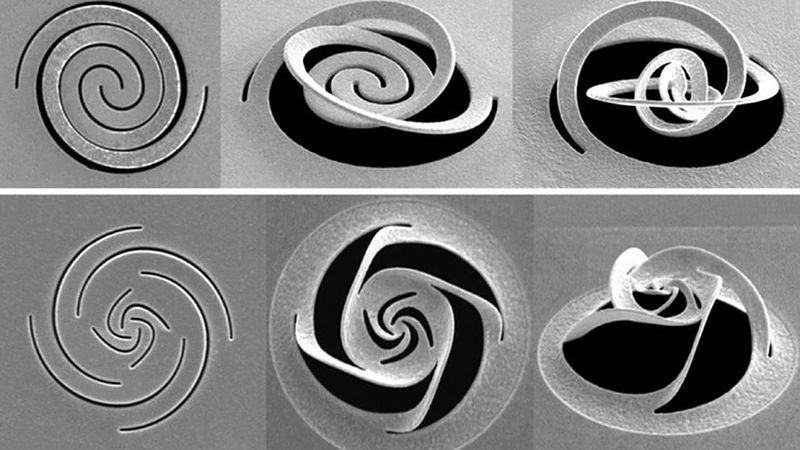 At left, different patterns of slices through a thin metal foil, are made by a focused ion beam. These patterns cause the metal to fold up into predetermined shapes, which can be used for such purposes as modifying a beam of light.