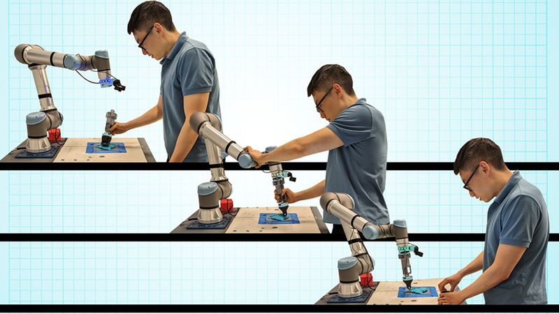 A new handheld interface developed by MIT engineers enables a person to teach a robot new skills, using any of three training approaches: natural teaching (top left), kinesthetic training (middle), and teleoperation. Credit: Courtesy of the researchers