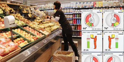 A woman wearing Xsens Awinda suit sorting our fruits in the supermarket environment. The pose analytics are visualized using Scalefit