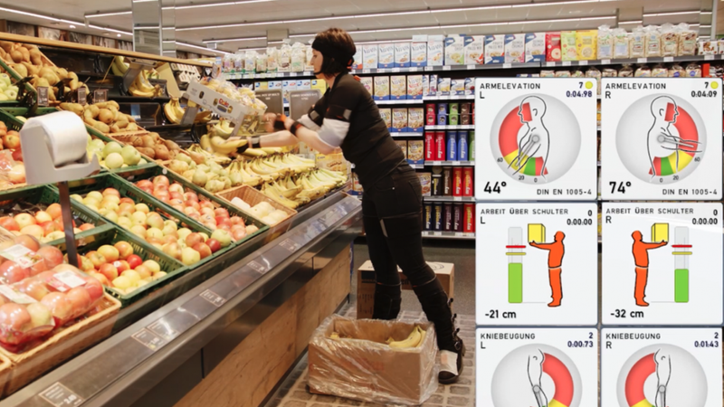 A woman wearing Xsens Awinda suit sorting our fruits in the supermarket environment. The pose analytics are visualized using Scalefit