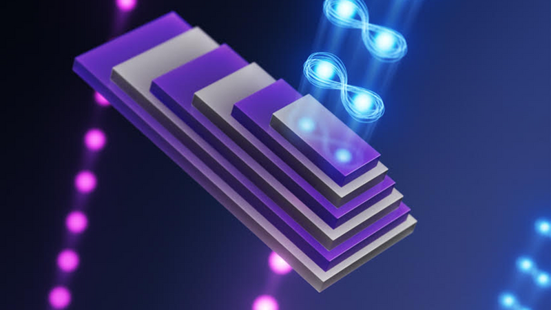 Schematic of entangled photons generated in a periodically poled stack of 3R-MoS2 crystals. Photo Credit: Ella Maru Studios