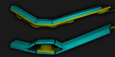 SEM images of the hybrid soft pop-up actuators. The image has been colored in post processing to differentiate between the soft (in yellow) and the rigid structure (in blue) (Image courtesy of the Wyss Institute at Harvard University)