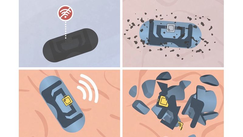The outer layer of the capsule is made from gelatin coated with materials that block any radio frequency signal from being emitted (top left). Once the capsule is swallowed, the coating breaks down, releasing the drug along with the RF antenna (top right and bottom left). The materials are bioresorbable (bottom right). Credit: Courtesy of the researchers