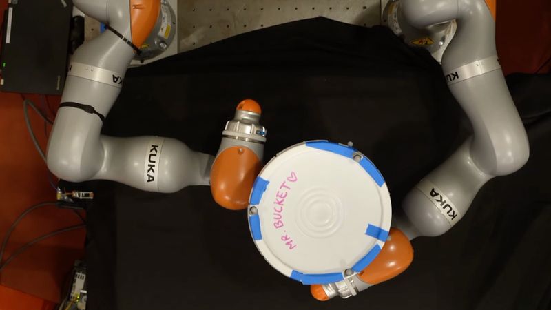 MIT researchers developed an AI technique that enables a robot to develop complex plans for manipulating an object using its entire hand, not just the fingertips. This model can generate effective plans in about a minute using a standard laptop. Here, a robot attempts to rotate a bucket 180 degrees. Image: Courtesy of the researchers