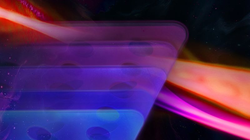 Graphic illustrating MIT’s new platform for manipulating light on the nanoscale. Thin structures represent patterned chromium sulfide bromide, a layered quantum material with different optical responses (represented by different shades of blue) depending on the application of a magnetic field. The orange and pink structure represents the resulting enhancement of light-matter interactions. Image: Sampson Wilcox and Michael Hurley/Research Laboratory of Electronics