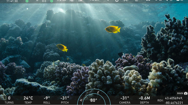 Image showing the screen of a Deep Trekker underwater ROV controller. The camera is looking at coral with fish in the background. 