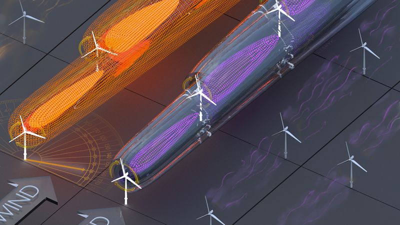 Illustration shows the concept of collective wind farm flow control. Existing utility-scale wind turbines are operated to maximize only their own individual power production, generating turbulent wakes (shown in purple) which reduce the power production of downwind turbines. The new collective wind farm control system deflects wind turbine wakes to reduce this effect (shown in orange). This system increased power production in a three-turbine array in India by 32 percent. Image: Victor Leshyk