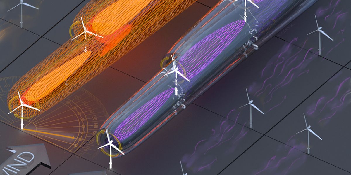 Illustration shows the concept of collective wind farm flow control. Existing utility-scale wind turbines are operated to maximize only their own individual power production, generating turbulent wakes (shown in purple) which reduce the power production of downwind turbines. The new collective wind farm control system deflects wind turbine wakes to reduce this effect (shown in orange). This system increased power production in a three-turbine array in India by 32 percent. Image: Victor Leshyk