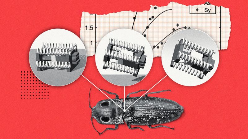 Mechanical science and engineering professor Sameh Tawfick led a new study introducing click beetle-sized robots small enough to fit into tight spaces, powerful enough to maneuver over obstacles and fast enough to match an insect’s rapid escape time. Graphic by Michael Vincent