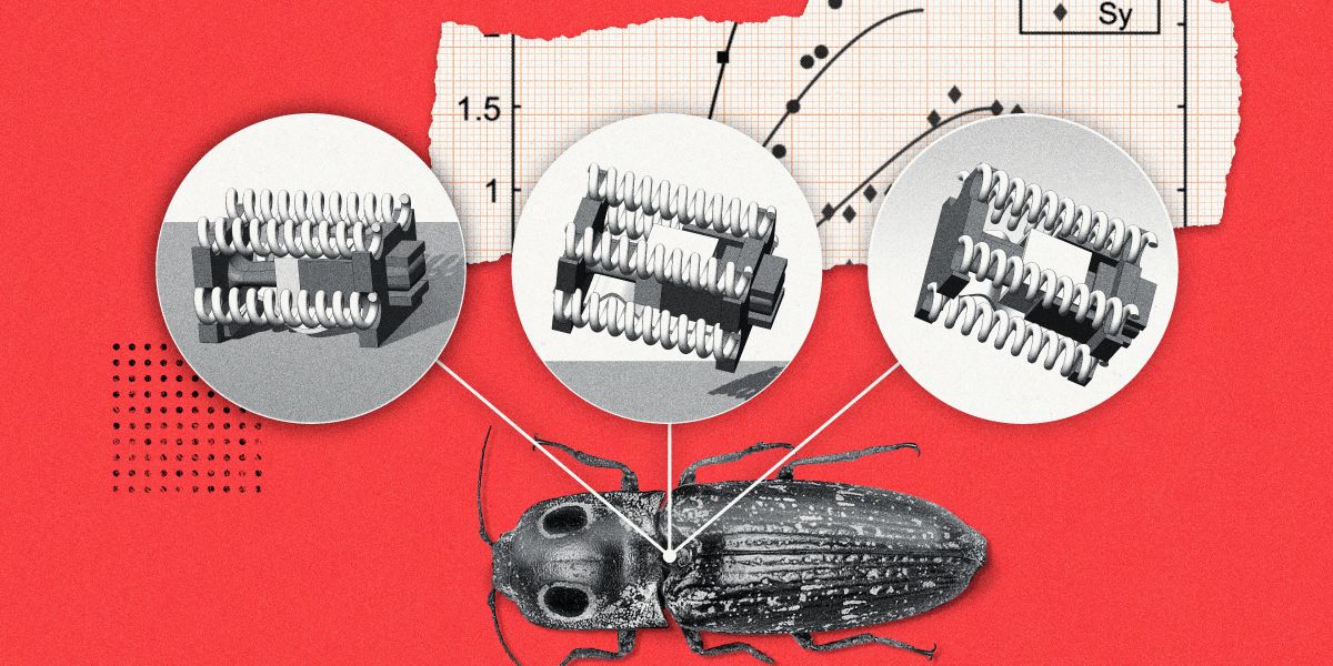 Mechanical science and engineering professor Sameh Tawfick led a new study introducing click beetle-sized robots small enough to fit into tight spaces, powerful enough to maneuver over obstacles and fast enough to match an insect’s rapid escape time. Graphic by Michael Vincent