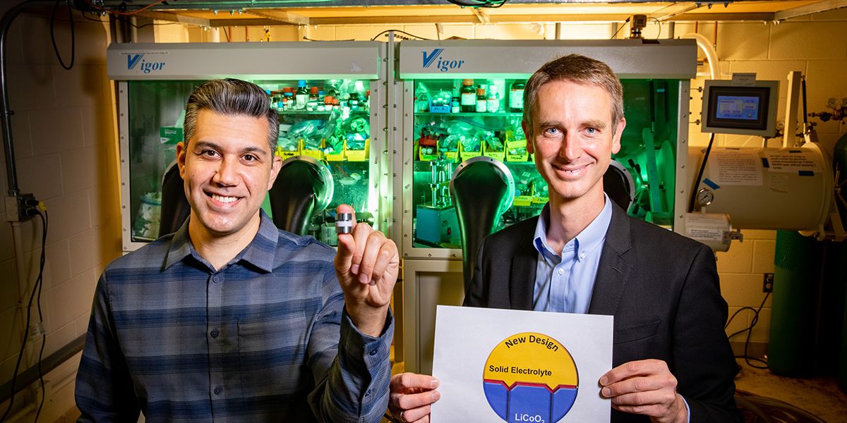 Materials science and engineering researchers Beniamin Zahiri, left, and Paul Braun led a team that developed new battery electrodes made of strategically arranged materials in an effort to drive better solid-state battery technologies.  Photo by Fred Zwicky