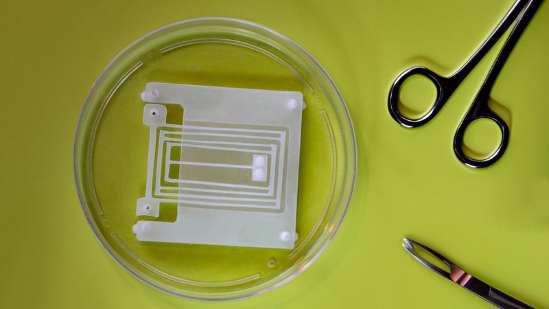 MIT engineers have developed a new spring (shown in Petri dish) that maximizes the work of natural muscles. When living muscle tissue is attached to posts at the corners of the device, the muscle’s contractions pull on the spring, forming an effective, natural actuator. The spring can serve as a “skeleton” for future muscle-powered robots. Image: Felice Frankel