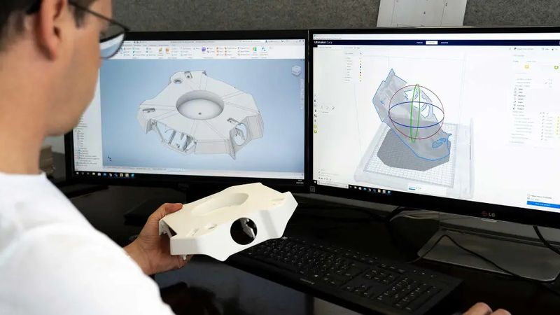 A design in CAD software (left screen), slicing software (right), and the finished print