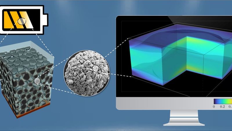 Cathode layer, consisting of spherical particles, as well as simulation of the sodium content. (detailed caption at the end of the text. Graphics: Simon Daubner, KIT)