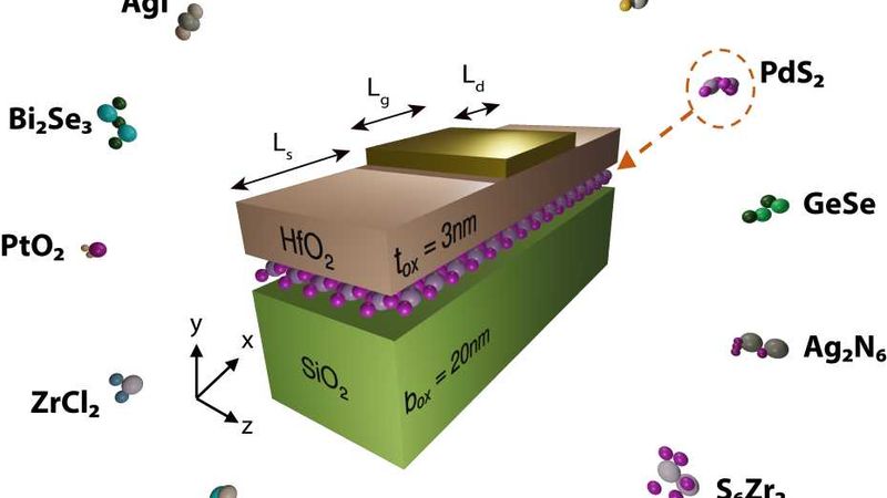 Structure of a single-​gate FET with a channel made of a 2-D material. Arranged around it are a selection of 2-D materials that have been investigated. (Graphics: ETH Zurich / EPFL / CSCS)