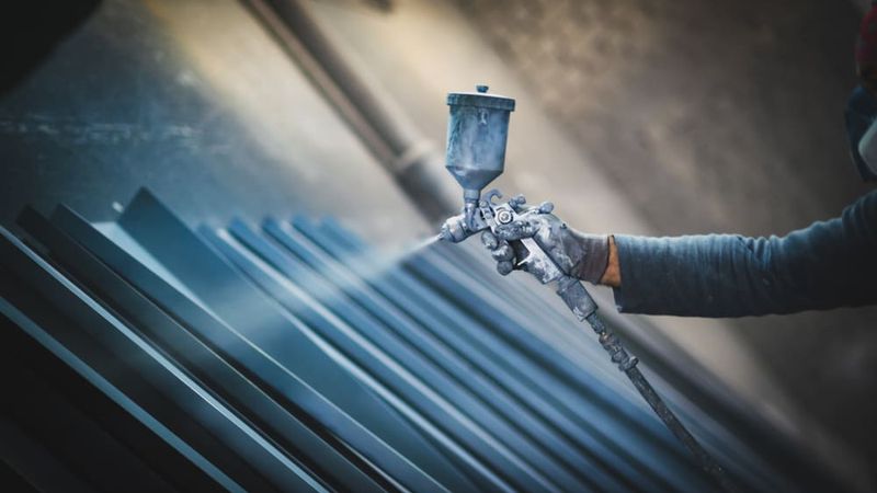 A worker is painting metal sheets to smoothen out and protect the inner surface from oxidizing.