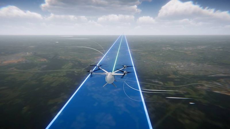 An electric vertical take-off and landing vehicle flies in a designated lane along a regional route in this render of potential Advanced Air Mobility operations. NASA virtual tabletop discussions allow researchers and industry to conduct proactive problem-solving in areas like aircraft navigation, flexibility, and flight paths, which are necessary for these operations to safely integrate into the national airspace. Credits: NASA / Kyle Jenkins