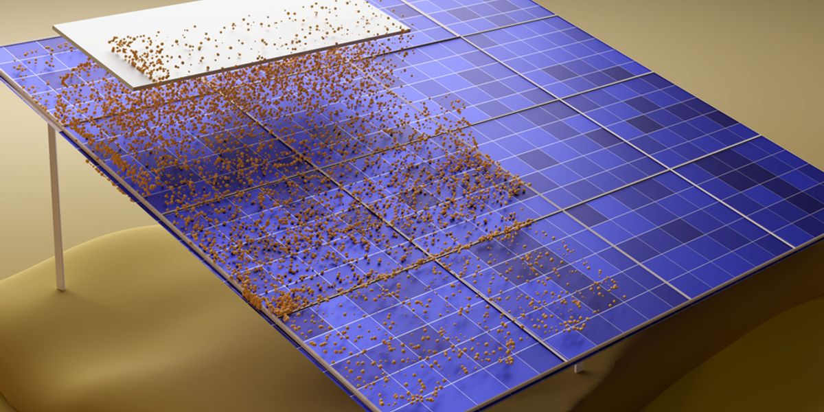 Dust that accumulates on solar panels is a major problem, but washing the panels uses huge amounts of water. MIT engineers have now developed a waterless cleaning method to remove dust on solar installations in water-limited regions, improving overall efficiency. Image: Courtesy of the researchers