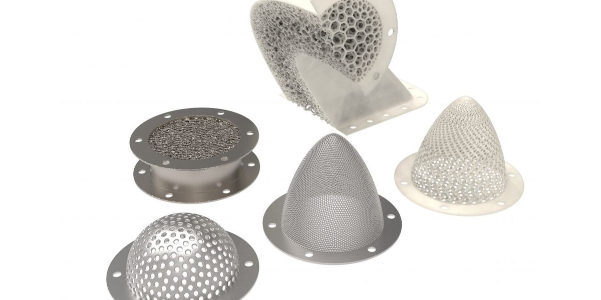 A range of filter designs rendered as different additively manufactured metals and ceramics.
