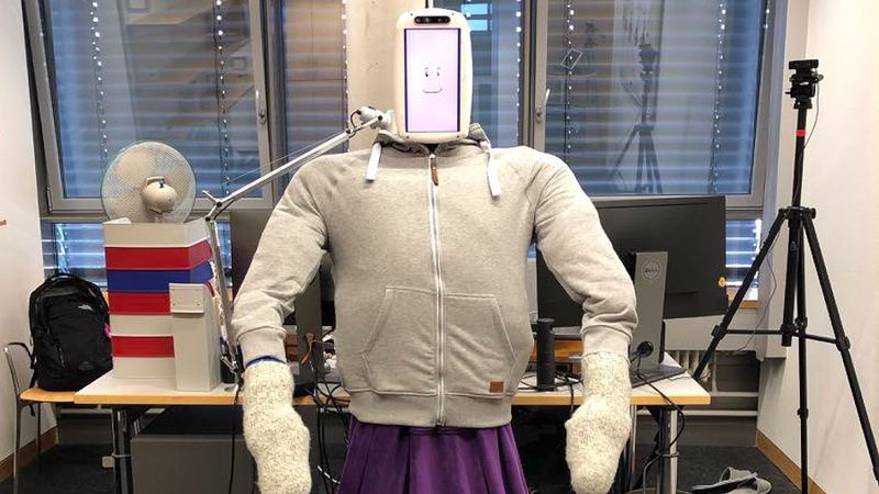 HuggieBot, with its soft pressure-sensing torso, 3D-printed animated head, and six-degree-of-freedom arms, is a research platform into high-quality autonomous hugging.