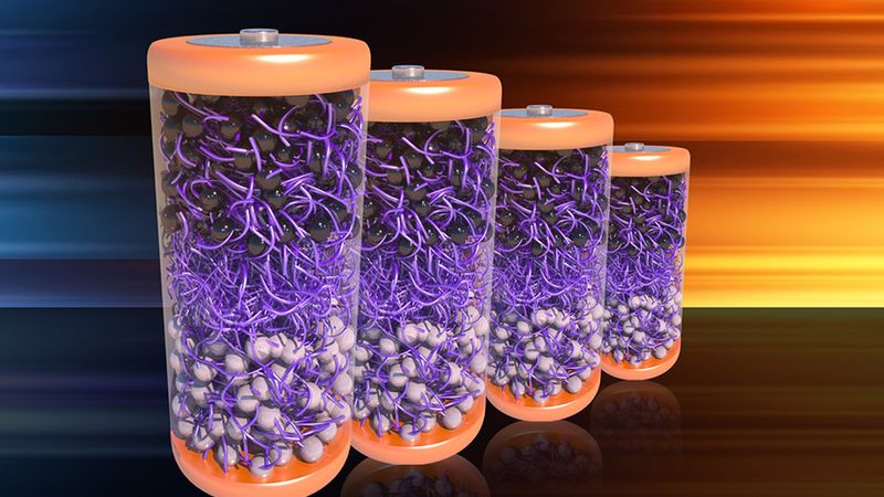 A depiction of batteries made with MIT researchers’ new electrolyte material, which is made from a class of molecules that self-assemble in water, named aramid amphiphiles (AAs), whose chemical structures and stability mimic Kevlar. Image: Courtesy of the researchers, edited by MIT News