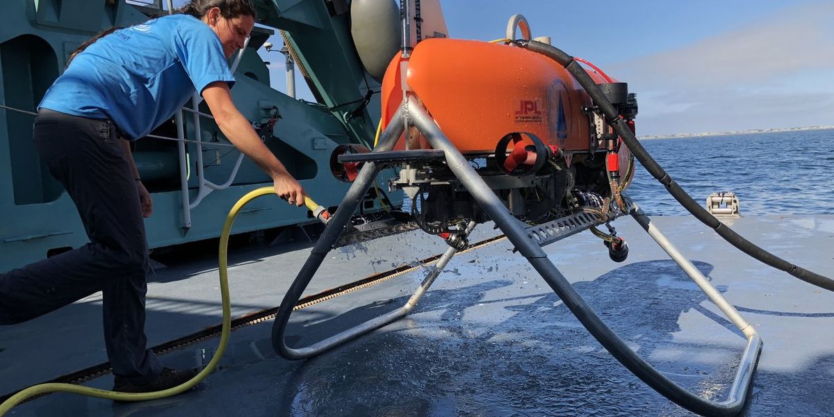 The Orpheus submersible robot is being developed by Woods Hole Oceanographic Institute and JPL to explore the deep ocean autonomously. Orpheus uses vision-based navigation that works in a similar way to how the Ingenuity Mars Helicopter navigates during flight. Credit: NASA/JPL-Caltech