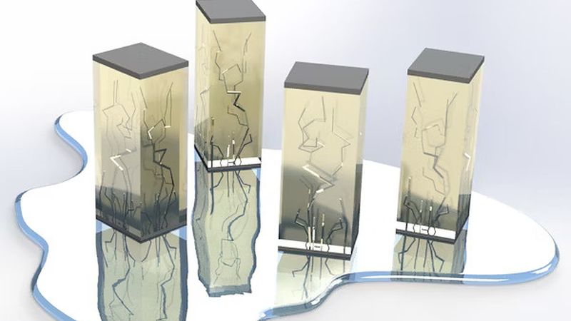 Ceramic solid electrolyte cells (vertical rectangular shapes) with dendrites (the lightning-like dark structures inside the rectangles) growing inside them from the bottom to the top. These solid electrolytes are floating on a liquid (blue puddle) which represents a liquid electrolyte. The reflections of the solid electrolytes in the blue liquid, particularly the dark dendrites, show the similarity in the dendrite initiation process in both the liquid and solid. (Credit: Rajeev Gopal, Bai lab)