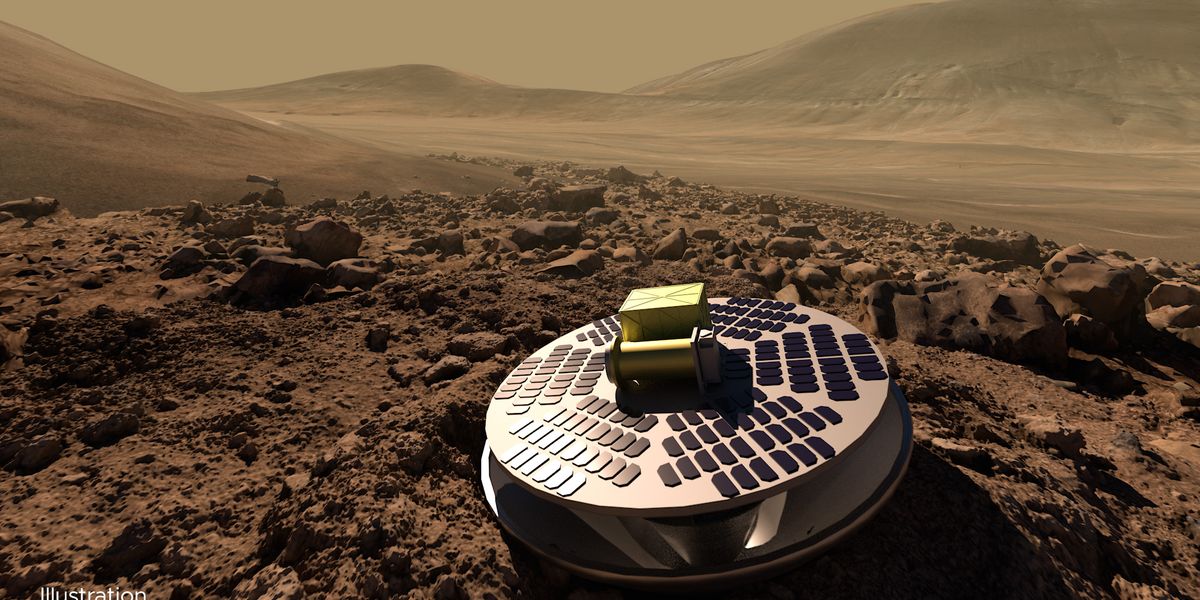 An illustration of SHIELD, a Mars lander concept that would allow lower-cost missions to reach the Red Planet’s surface by safely crash landing, using a collapsible base to absorb the impact. Credit: California Academy of Sciences
