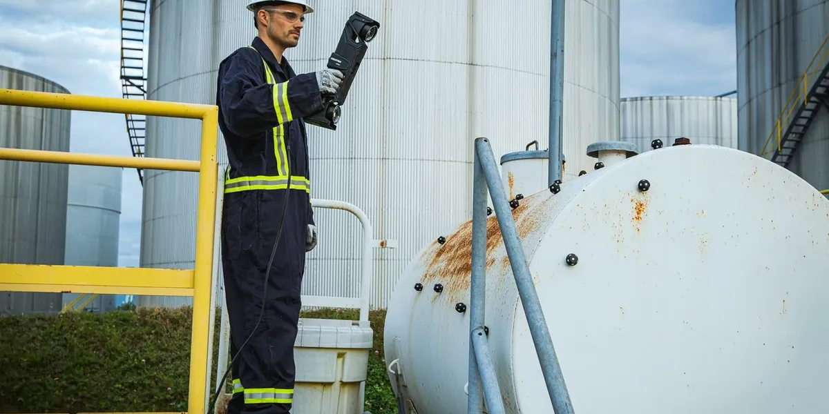 NDT technician holding a HandySCAN MAX and inspecting the paint and corrosion of a pressure vessel with a few 360 Magnetic Targets positioned on the structure.
