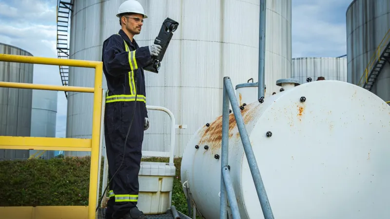 NDT technician holding a HandySCAN MAX and inspecting the paint and corrosion of a pressure vessel with a few 360 Magnetic Targets positioned on the structure.