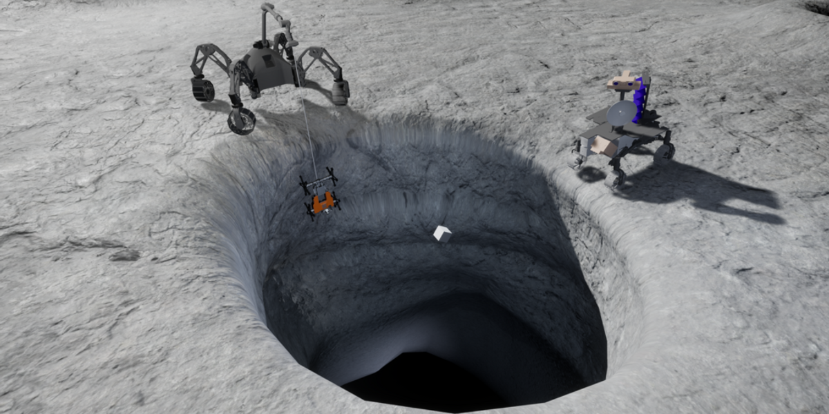 The visualization depicts the mission scenario at the skylight of a lava tube on the moon with the three robot systems SherpaTT (upper left), Coyote III (lower left) and LUVMI (right). © DFKI GmbH, Grafik: Finn Lichtenberg