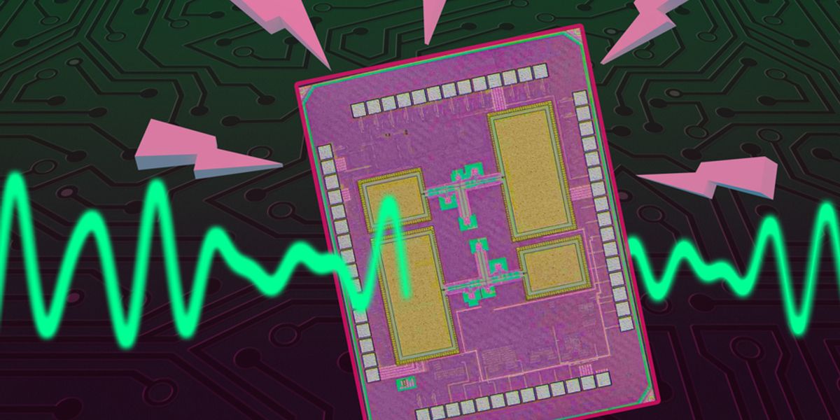 Researchers from MIT and elsewhere have built a wake-up receiver that communicates using terahertz waves, which enabled them to produce a chip more than 10 times smaller than similar devices. Their receiver, which also includes authentication to protect it from a certain type of attack, could help preserve the battery life of tiny sensors or robots. Image: Jose-Luis Olivares/MIT with figure courtesy of the researchers