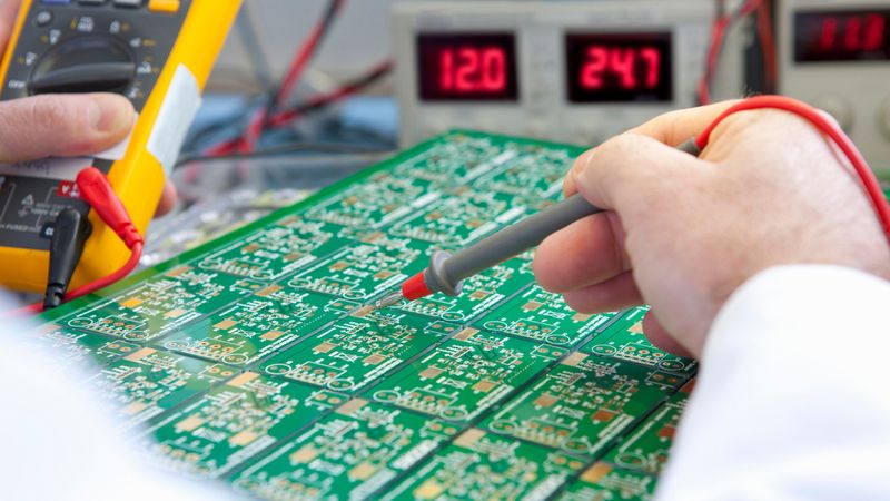 Circuit board being checked by an engineer using a test head connected to the Multimeter