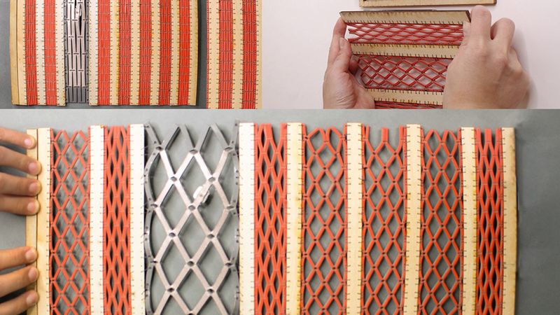 A meta-antenna (shiny latticed material) could be incorporated into a curtain that dynamically adjusts household lighting. Here, a prototype is seen retracted (top left), expanded (bottom), and next to the latching mechanism (top right). Credit: Courtesy of the researchers