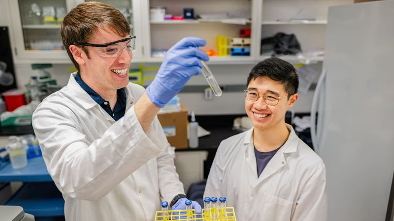 Princeton researchers have identified the critical sugar-transport proteins in a bacterium that shows promise in converting cellulose into fuels. Jonathan Conway, left, and Hansen Tjo led the work. Photo by Sameer A. Khan/Fotobuddy
