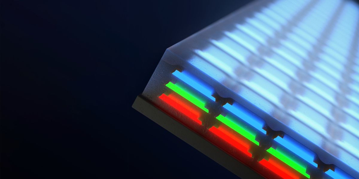 MIT engineers have developed a new way to make sharper, defect-free displays. Instead of patterning red, green, and blue diodes side by side in a horizontal patchwork, the team has invented a way to stack the diodes to create vertical, multicolored pixels. Image: Illustration by Younghee Lee