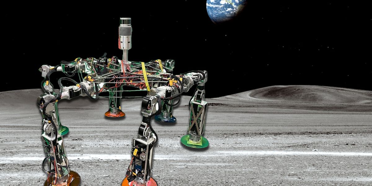 A team of MIT engineers is designing a kit of universal robotic parts that an astronaut could easily mix and match to build different robot “species” to fit various missions on the moon. Credit: hexapod image courtesy of the researchers, edited by MIT News